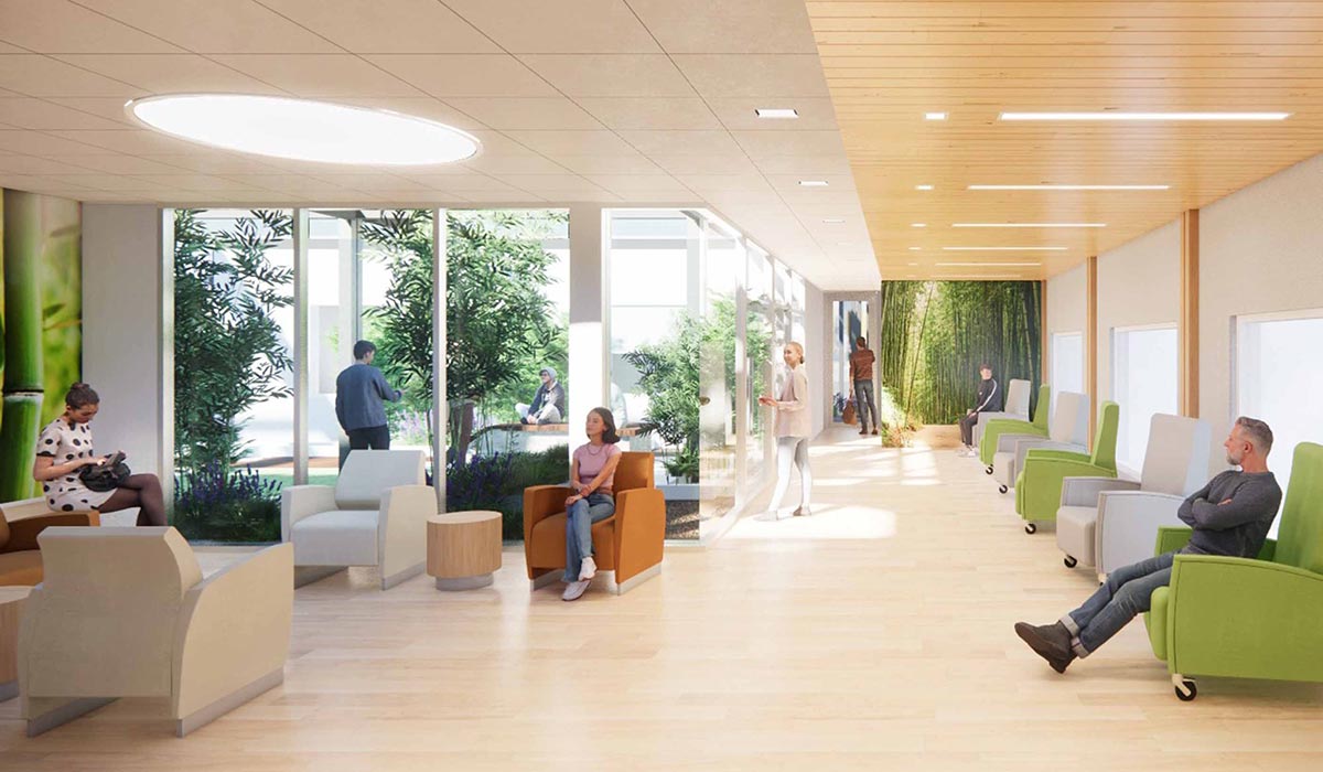 Rendering of a light-filled patient waiting room